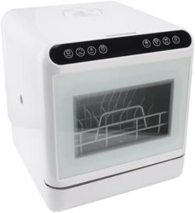 Mini lavastoviglie portatile compatta, ideale per spazi ridotti, con doppia spruzzatura superiore e asciugatura fino a 72 ore.
