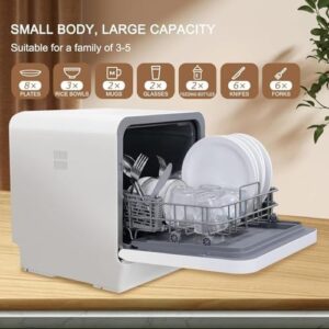 Lavastoviglie portatile con serbatoio acqua, blocco bambini e asciugatura a caldo, ideale per piccole cucine e spazi limitati.