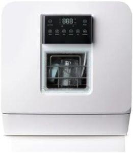 Lavastoviglie portatile con serbatoio acqua, blocco bambini e asciugatura a caldo, ideale per piccole cucine e spazi limitati.