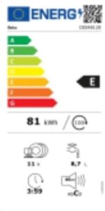 Lavastoviglie integrabile BEKO DIS48120 con terzo vassoio, capacità compatta e alta efficienza energetica.