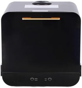 Mini lavastoviglie portatile con design compatto e asciugatura a ventilazione, ideale per appartamenti piccoli.