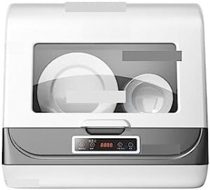 Lavastoviglie da appoggio con rifornimento idrico automatico, ideale per cucine piccole e camper, colore oro.
