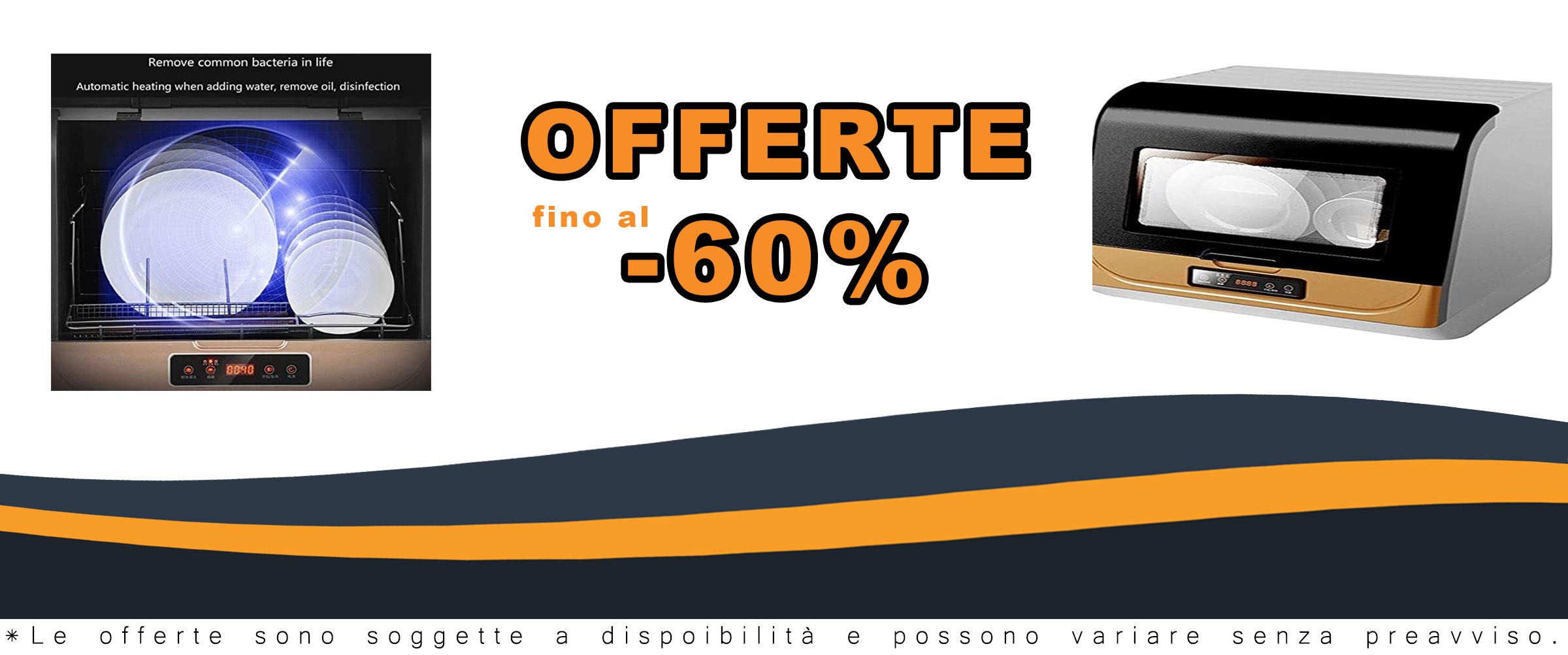 Lavastoviglie da appoggio automatica a onde ad alta pressione con interno in acciaio inox, 6 posizioni e spray rotante a 360° in color bianco.