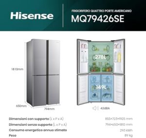 Frigorifero Hisense MQ79426SE in finitura argento con 427 litri di capacità, dotato di sistema Total No Frost e illuminazione LED.