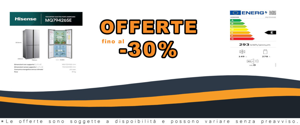 Frigorifero Hisense MQ79426SE in finitura argento con 427 litri di capacità, dotato di sistema Total No Frost e illuminazione LED.
