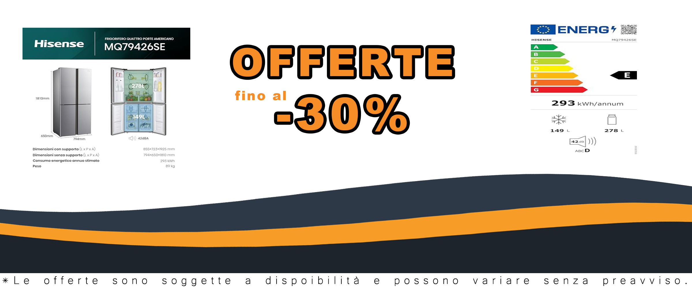Frigorifero Hisense MQ79426SE in finitura argento con 427 litri di capacità, dotato di sistema Total No Frost e illuminazione LED.