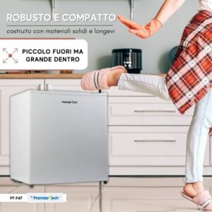 PremierTech Mini Frigo 45 Litri, frigorifero bianco compatto con porta reversibile e termostato regolabile, ideale per casa, ufficio e hotel.