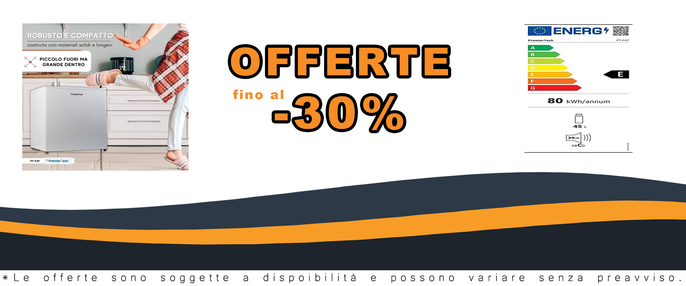 PremierTech Mini Frigo 45 Litri, frigorifero bianco compatto con porta reversibile e termostato regolabile, ideale per casa, ufficio e hotel.