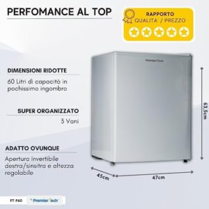 PremierTech Mini Frigo Bianco 58 Litri, ideale per casa, ufficio e hotel, compatto e a basso consumo energetico