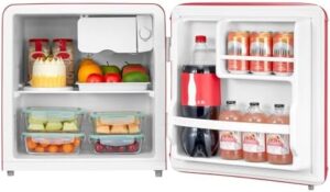 Frigorifero Comfee' RCD50RE2EURT, mini frigo da tavolo con design retrò, colore rosso e termostato regolabile, adatto per casa, ufficio e hotel.
