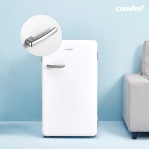 Frigorifero Comfee' RCD93WH2RT(E) con design retrò, mini frigo bianco, ideale per casa, ufficio o hotel.