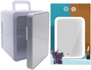 Mini frigorifero per la cura della pelle a specchio con luce LED, design elegante e consumo energetico ridotto.
