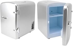 XHTLLO Mini Frigo 4L Argento, piccolo frigorifero da ufficio e auto con capacità di raffreddamento e riscaldamento