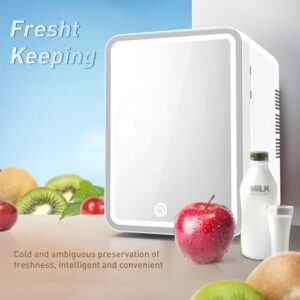 Mini frigorifero portatile bianco con specchio LED integrato, ideale per bellezza, cura della pelle e trucco.