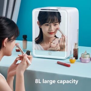 Mini frigo per cosmetici 8L con specchio e illuminazione LED, ideale per camera da letto e viaggi