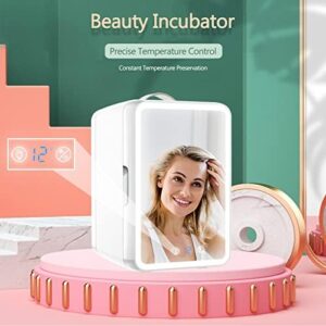Mini frigorifero rosa con specchio LED, refrigerante e riscaldante, ideale per cosmetici e trucco