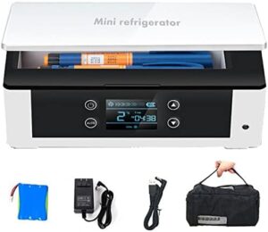 Mini frigorifero portatile per insulina con display LCD e ricarica USB, perfetto per viaggi e conservazione farmaci.