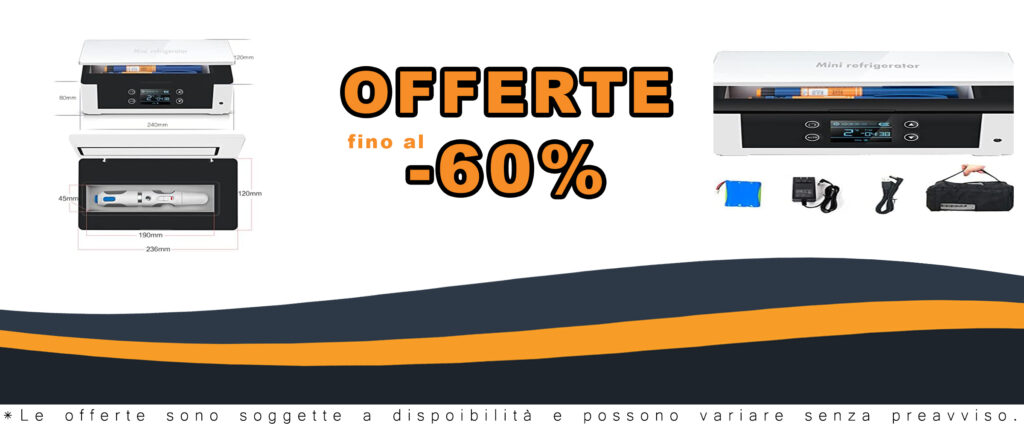 Mini frigorifero portatile per insulina con display LCD e ricarica USB, perfetto per viaggi e conservazione farmaci.