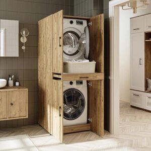 Armadietto per lavatrice e asciugatrice ROOMART Dora con tavola estraibile in legno di quercia