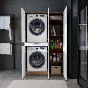 Testo alternativo per l'immagine in evidenza: Armadietto ROOMART Dora per lavatrice e asciugatrice in rovere bianco, con ante e tavola estraibile