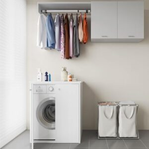 Mobile copri lavatrice e asciugatrice in PVC bianco con due ante, ideale per nascondere elettrodomestici e mantenere l'ordine.