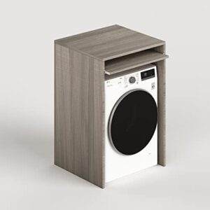 Mobiletto coprilavatrice in legno di olmo con ripiano estraibile, adatto per lavanderia e bagno.