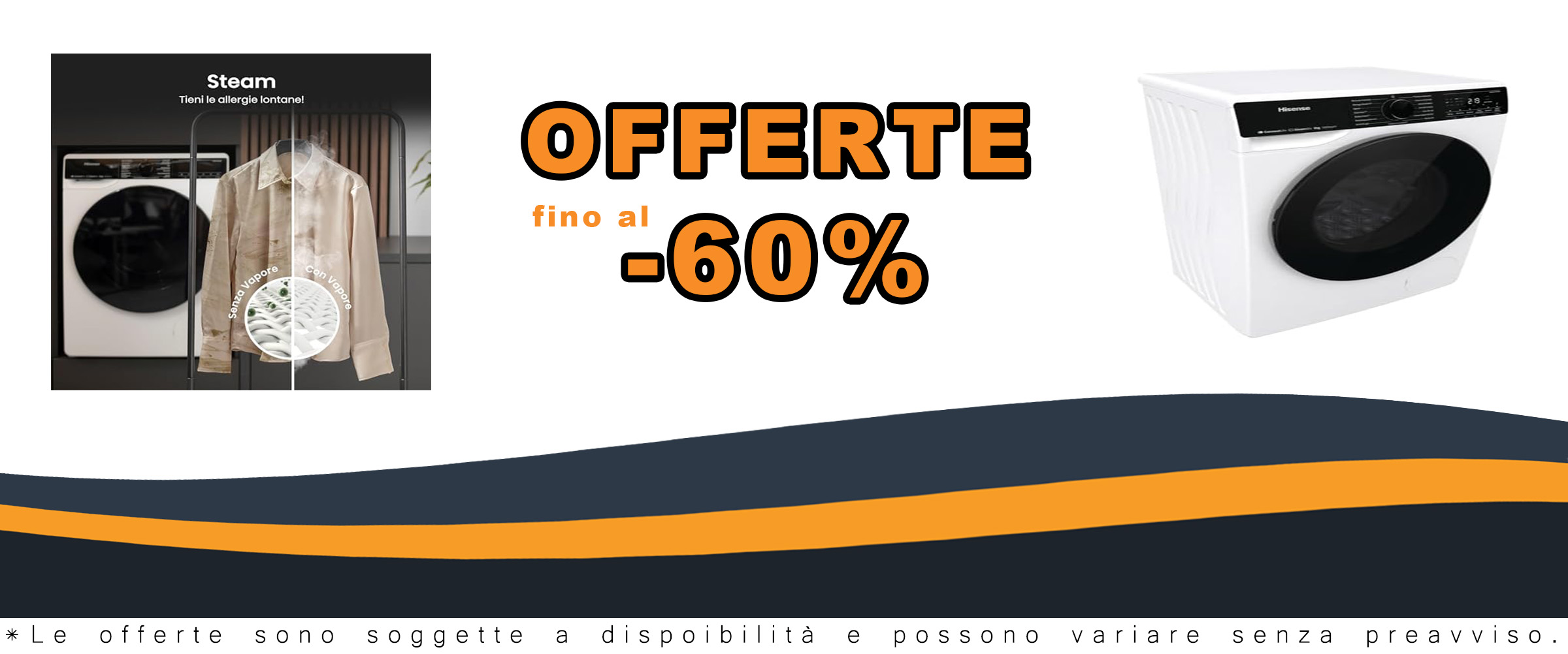 Lavatrice Hisense WF5V843BWSIT a carica frontale con capacità 8 kg, 1400 rpm, programma rapido e funzione vapore.