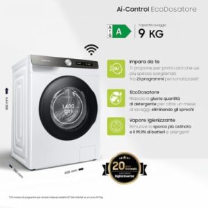 Samsung Lavatrice AI Control Ecodosatore WW90T534DAT/S3, modello con WiFi, Ecodosatore, Vapore, e classe energetica A