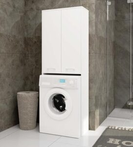 Armadio Pensile per Lavatrice AKORD FIN 180 in bianco con 2 ante e 4 ripiani, ideale per ottimizzare lo spazio del bagno.