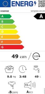 Lavatrice Hisense WFQE9014EVJM a carica frontale 9 Kg, 1400 rpm, classe A, con display LED e programma rapido.