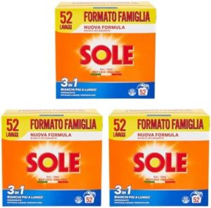 SOLE Bianco Splendente Detersivo in Polvere con Bicarbonato per Bucato a Mano e in Lavatrice, confezione da 3