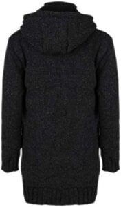 Cardigan lungo da donna Shakaloah Woodcord Ziphood nero, lavorato a mano in 100% lana naturale, con cappuccio e fodera in pile per il massimo del calore e dello stile.