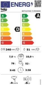 Beko - BDT510744S Lavasciuga Standard, 10/7Kg, con funzione a vapore, motore inverter e display touch  