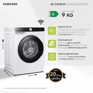 Samsung Lavatrice AI Control Ecodosatore WW90T534DAE/S3, con capacità da 9 Kg, velocità di centrifuga 1400 RPM e classe energetica A