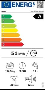 Haier HW100-B14876N, lavatrice bianca con 10kg di capacità e opzione vapore, ideale per famiglie numerose e risparmio energetico.