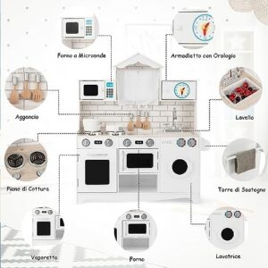COSTWAY Cucina Giocattolo per Bambini, un gioco educativo con forno, microonde, lavatrice e piano cottura