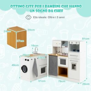 Cucina giocattolo in legno con suoni e luci realistici, ideale per bambini dai 3 anni in su, inclusi fornelli, lavello, microonde e lavatrice.