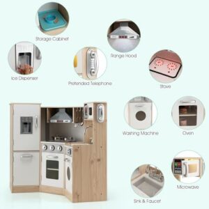 RELAX4LIFE Cucina Giocattolo per Bambini, Mini Cucina in Legno, Suoni e Luci Realistici, Cucina Giocattolo con Lavello, Fornelli, Microonde, Frigorifero, per Bambini 3+ Anni