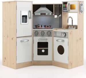 RELAX4LIFE Cucina Giocattolo per Bambini, Mini Cucina in Legno, Suoni e Luci Realistici, Cucina Giocattolo con Lavello, Fornelli, Microonde, Frigorifero, per Bambini 3+ Anni