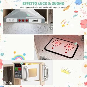 COSTWAY Cucina Giocattolo per Bambini in Legno, Cucina per Bambini con Macchina del Ghiaccio, Telefono, Lavatrice, Forno, Microonde, Lavello e Rubinetto, Funzione Luci e Suoni, per Bambini 3+ Anni