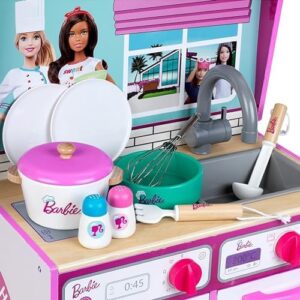 Theo Klein 7312 Cucina in legno con casa delle bambole integrata Barbie, 2 in 1, giocattolo con piano cottura, lavatrice e accessori, 45 cm x 40 cm x 85 cm, Giocattoli per bambini dai 3 anni in su