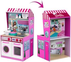 Theo Klein 7312 Cucina in legno con casa delle bambole integrata Barbie, 2 in 1, giocattolo con piano cottura, lavatrice e accessori, 45 cm x 40 cm x 85 cm, Giocattoli per bambini dai 3 anni in su
