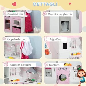 HOMCOM Cucina Giocattolo per Bambini 3-6 Anni con Luci e Utensili da Cucina Realistici, in MDF e PP, 84x93.5x85 cm, Bianca e Rosa