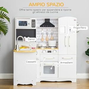 HOMCOM Cucina Giocattolo per Bambini 3-6 Anni in Legno con Suoni, 14 Accessori, Forno, Lavandino e Frigo, 82x65x87cm, Bianco