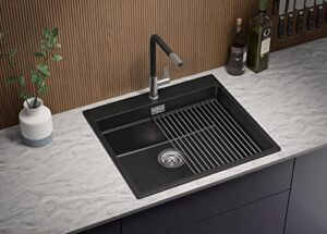 Lavello da Cucina Nero 58x53cm, Lavandino da Cucina a 1 vasca + Sifone Classico + Scolapasta avvolgibile, Lavabo da Cucina Incasso al mobile 60cm - Oslo Max di Primagran