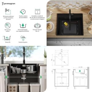 Lavello da Cucina Bianco 58x50cm, Lavandino da Cucina a 1 vasca + Sifone Classico, Lavabo da Cucina Incasso al mobile 60cm - Riga di Primagran