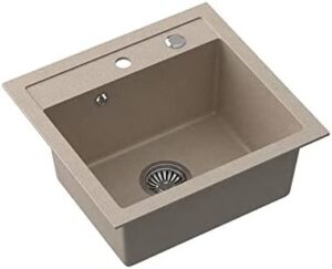 Lavello singolo da incasso in granito, 46 x 49 cm, per cucina, colore selezionabile tra beige o nero, rettangolare, con tappo a saltarello e sifone, Beige