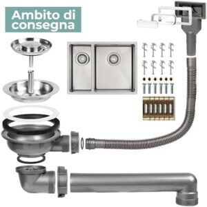 Lavello da Cucina in Acciaio Inossidabile Mizzo Linea 18-34 | Lavandino a Incasso, Filotop o Sottotop | Base 60cm | Spessore 1.2mm | 1.5 Vasca in Acciaio Inox 590x444mm | Raggio Interno da 10 mm