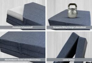 IGH LIVING - Materasso pieghevole da viaggio, 3 pezzi, per ospite, pieghevole, campeggio, sgabello, seduta, rivestimento lavabile in lavatrice (grigio, 195 x 80 x 10 cm)