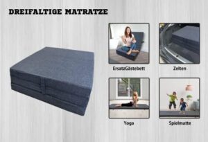 IGH LIVING - Materasso pieghevole da viaggio, 3 pezzi, per ospite, pieghevole, campeggio, sgabello, seduta, rivestimento lavabile in lavatrice (grigio, 195 x 80 x 10 cm)